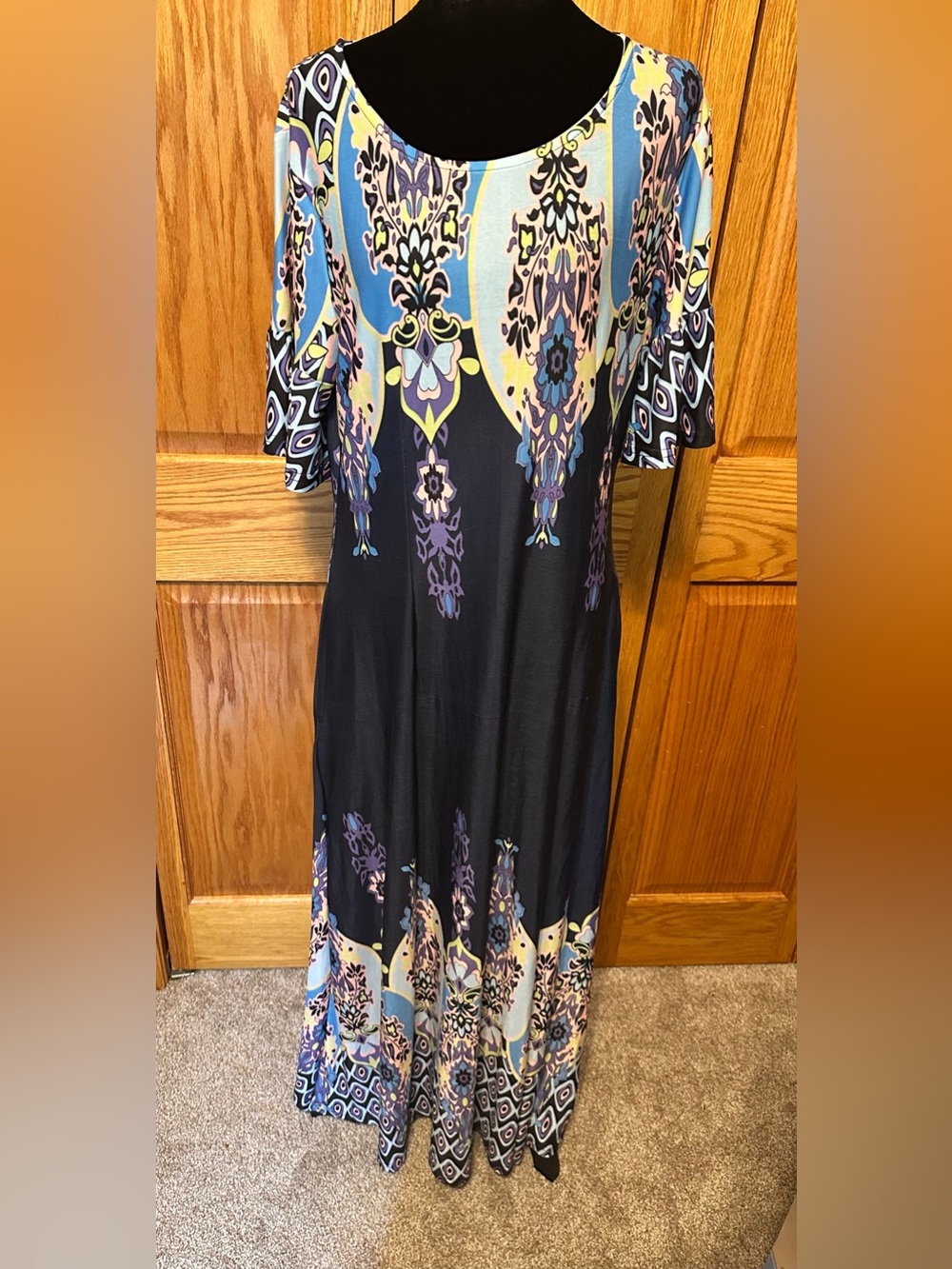 Reborn New York L Blue Boho Paisley Maxi Dress Bell Sleeves Pockets